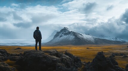 Solitude in Icelandic expanse , A traveler gazes at distant mountains