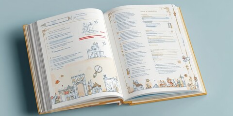 Open illustrated book with sketched landmarks and architectural details, on a light blue background