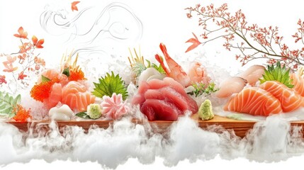Delightful Sashimi Platter: A meticulously arranged assortment of premium sashimi, showcasing a colorful array of fresh seafood. Accompanied by elegant floral decor and wisps of delicate vapor.
