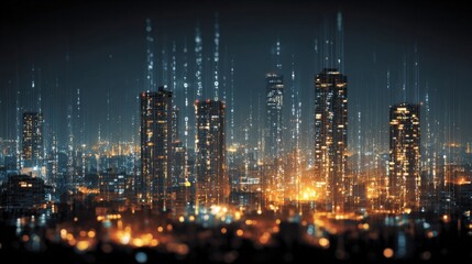 Futuristic Cityscape at Night with Data Streams: Modern Urban Technology and Digital Network Concept