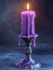 Illuminated purple candle on an ornate, dark metal candlestick holder