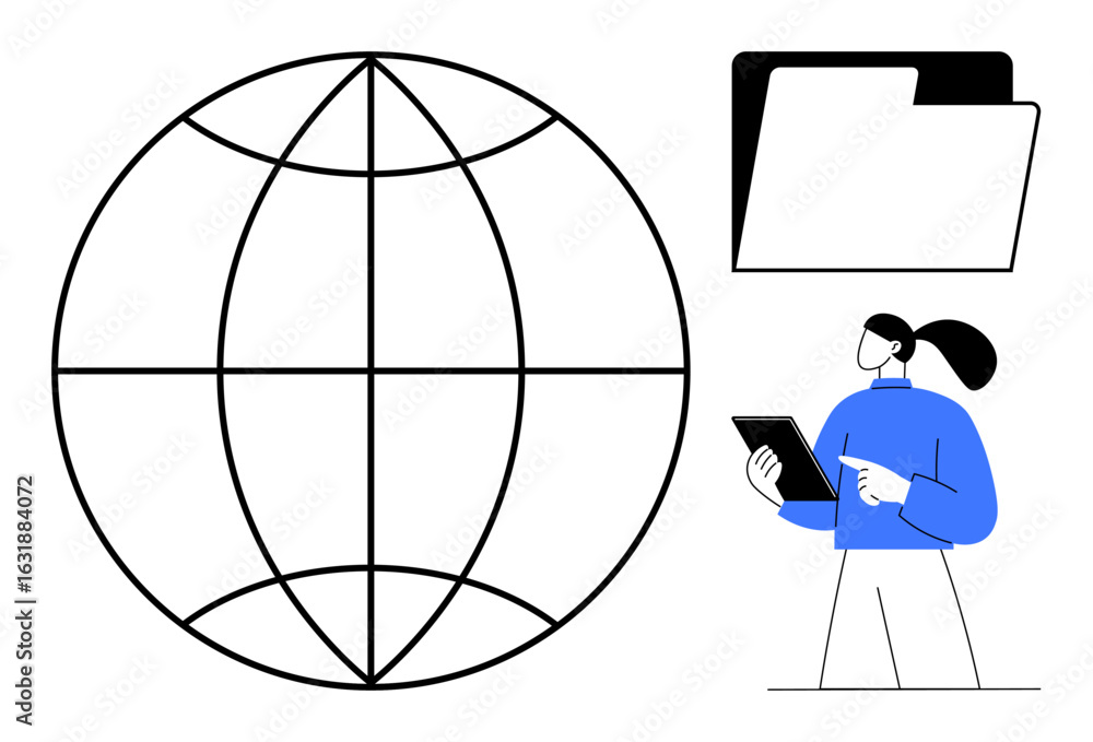 Poster globe and folder emphasize data organization, while a person with a tablet highlights connectivity a