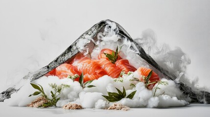 Artistic Sushi Delight: An artfully presented dish of fresh sushi, evoking a mountain scene with flavorful cuts of salmon, set against a stylized backdrop that enhances the exquisite presentation