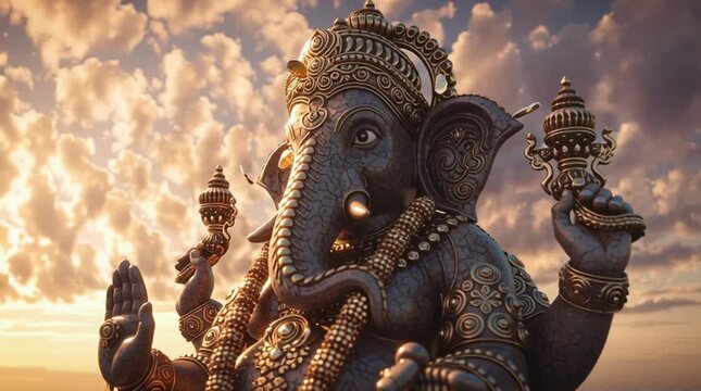 Huge Ganpati Murti in Water Surrounded by Flowers