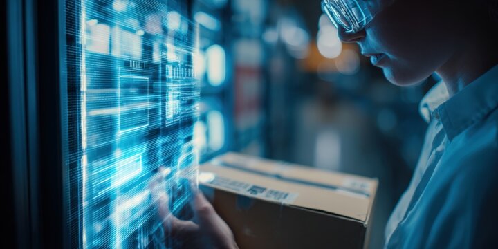 Female worker using augmented reality to manage inventory and logistics in a modern warehouse