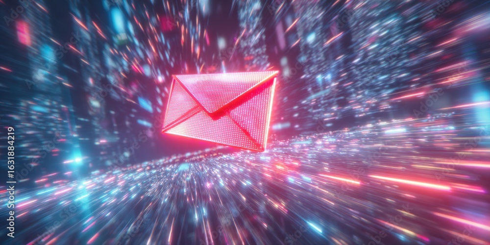 Aufkleber digital communication concept: red email envelope icon flying through a futuristic data stream