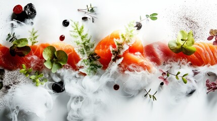 Artistic Seafood Presentation: An artistic, photorealistic tableau showcasing an array of meticulously arranged sashimi slices alongside delicate garnishes and a swirl of ethereal vapor.