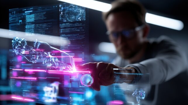 Engineer Interacting with Futuristic Holographic Interface for Data Analysis and Design in a High Tech Environment