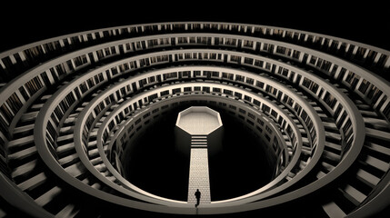 Spiral staircase with person walking up in dark space, architectural design with circular pattern and dramatic lighting