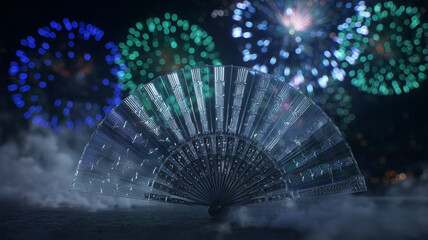LED搭載クリア扇とネオン花火の共演