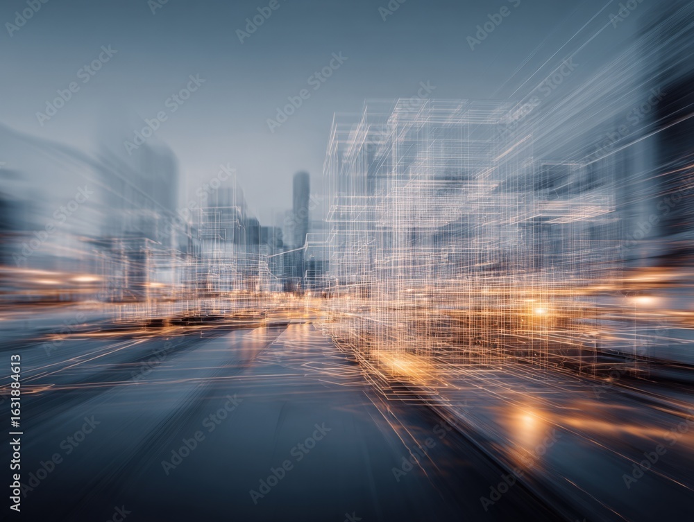 Aufkleber abstract urban landscape with digital overlay representing data flow and connectivity in a modern ci