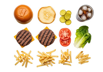 Burger ingredients and fries isolated on transparent background