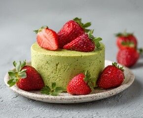 Green avocado cake with strawberries, with space for copying