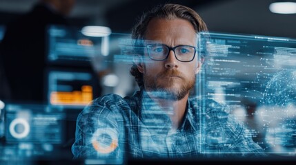 Focused IT Professional Analyzing Data on Holographic Screen in a Modern Tech Office