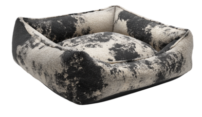 Square dog bed with mottled gray and beige pattern