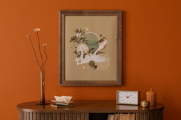 Framed mock up poster  artwork styled with natural tones, wooden textures and modern accessories on...