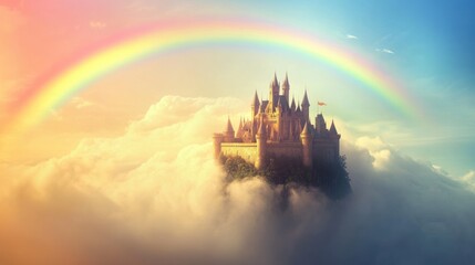 Majestic castle in the clouds with vibrant rainbow sky above the fantasy scenery