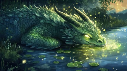 Emerald dragon quenching its thirst in a mystical, luminous lake