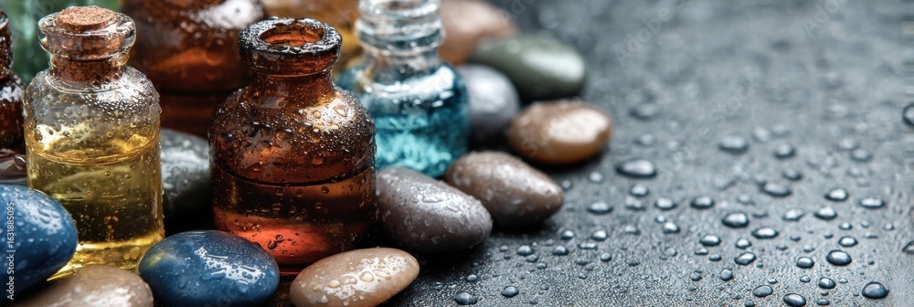 Poster bottles of essential oils placed on wet stones surrounded by droplets in a serene setting