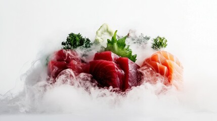 Delectable Sashimi Display: A visually stunning arrangement of fresh sashimi, featuring vibrant cuts of tuna and salmon, meticulously presented to entice the senses and celebrate culinary artistry.