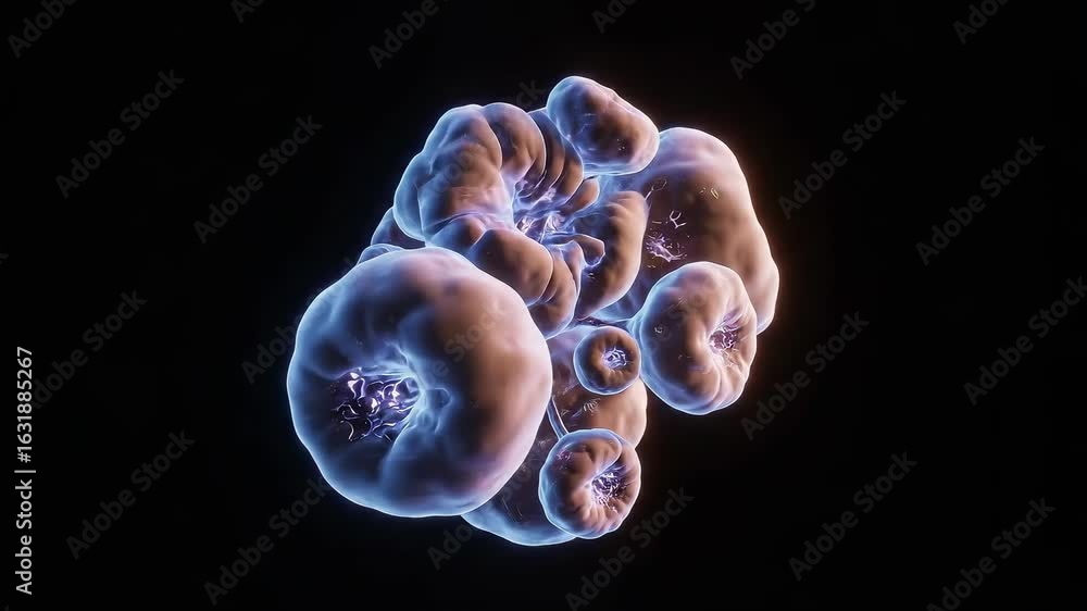Poster abstract cellular organisms - glowing microscopic structures on dark background
