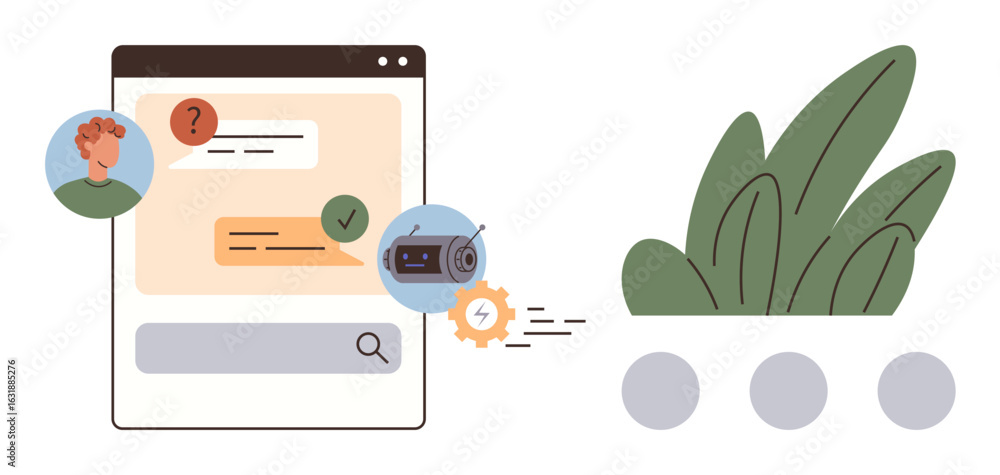 Poster chat interface with user profile, questions, response, and ai icon symbolizing automation. ideal for
