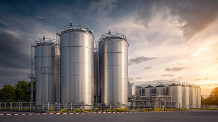 Industrial storage silos with sunset light