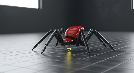 Futuristic red robot spider with black legs standing on a tiled surface under a window showcasing