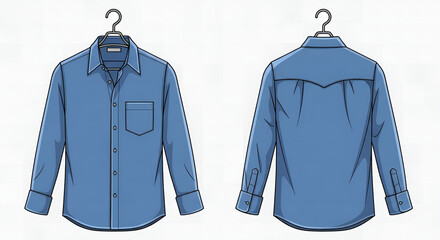 Men's long sleeve button-down shirt technical flat sketch. Front and back view of a casual blue shirt vector illustration.