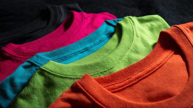 Colorful t-shirts stacked on a dark background in vibrant hues  