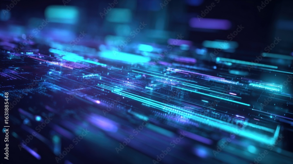 Poster abstract digital flow background with glowing light streaks and data streams in blue and violet