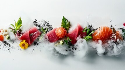 Exquisite Sashimi Artistry: An aesthetically pleasing arrangement of fresh, expertly sliced sashimi with colorful garnish creating an artistic culinary presentation.