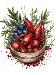 Crayfish, Grapes, and Strawberries in a Wooden Bowl