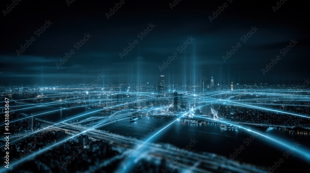 Poster futuristic cityscape with glowing network connections, representing modern technology and global com
