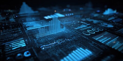 Abstract Blue Data Visualization Background with Charts, Graphs, and Business Analytics for Technology