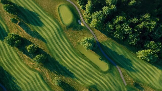 Aerial view of golf course with manicured greens and fairways  
