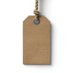 Blank textured tag mockup hanging from jute rope, ideal for retail, crafting, or presentation