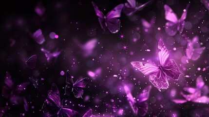 A dreamy scene with shimmering purple butterflies dancing against a dark background