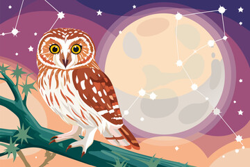 Sowa na gałęzi na tle nocnego nieba z księżycem w pełni i konstelacjami. Symbol mądrości.