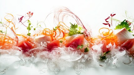 Artistic Sushi Display: A culinary composition of meticulously arranged sushi pieces, with vibrant colors and fresh ingredients. Capturing the artistry and flavors of this iconic dish.