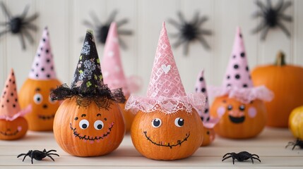 Halloween Pumpkins with Witch Hats and Painted Faces, Festive Autumn Decor for Celebrations