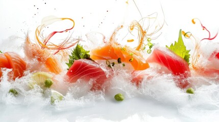 A Gastronomic Overture: A visually stunning composition of meticulously arranged sashimi pieces, including succulent salmon, tuna, and shrimp, delicately presented with artful garnishes