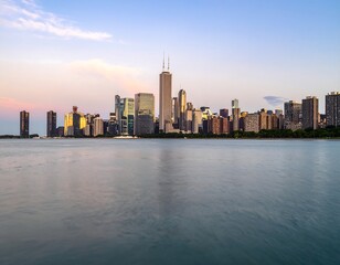 Obraz premium Chicago skyline at sunset over calm water