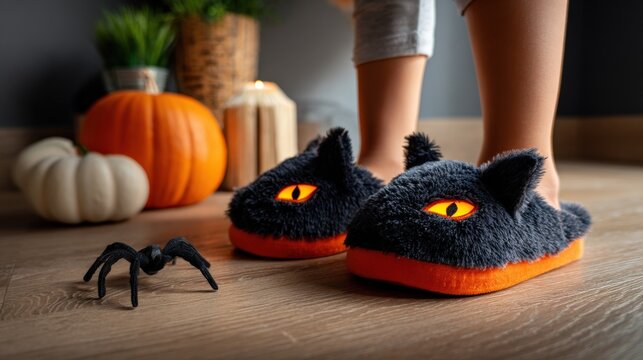 Child's Halloween: Cute Black Cat Slippers, Pumpkins and a Spider on a Wooden Floor