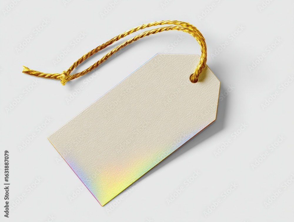 Poster blank rectangular price tag with gold string on white background for product mockups