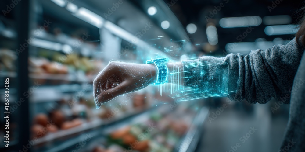 Aufkleber customer using futuristic augmented reality interface on smartwatch while shopping in supermarket ai