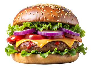 Juicy burger with melted cheese and fresh vegetables isolated on a transparent background beef lettuce