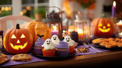 Festive Halloween Table Setting with Pumpkins, Candles, and Ghost Cupcakes for a Spooky Celebration