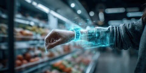 Customer using futuristic augmented reality interface on smartwatch while shopping in supermarket aisle for groceries