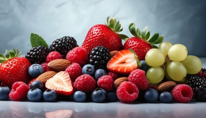 closeup of fresh berries and nuts rich in antioxidants arranged on clean background